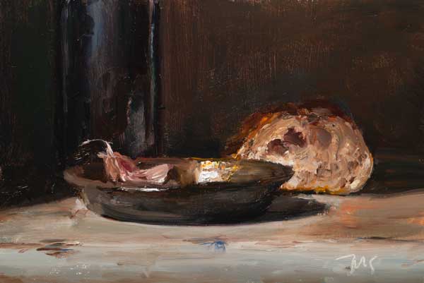daily painting titled Garlic clove on a pewter dish, with bread and olive oil