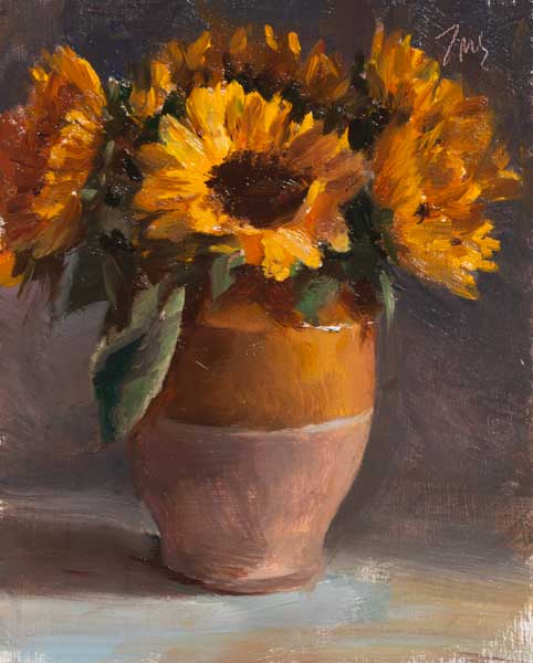 daily painting titled Sunflowers in a confit pot