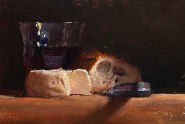 daily painting titled Wine with bread, cheese and knife