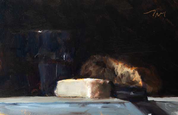 daily painting titled Bread, cheese, wine and knife