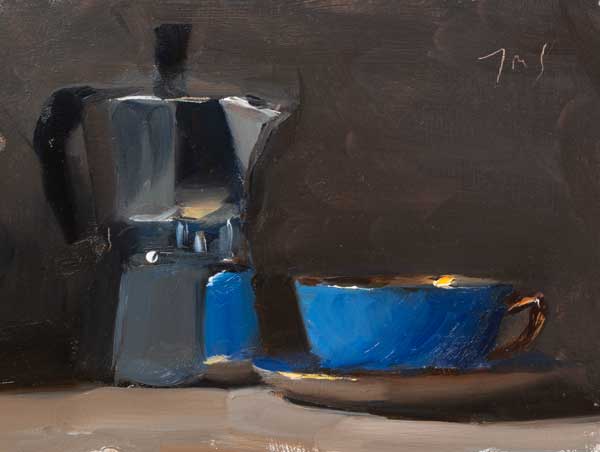 daily painting titled Expresso maker and blue cup
