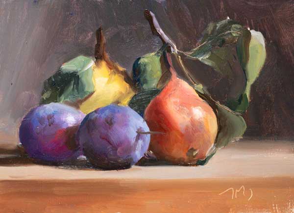 daily painting titled Quince, pear and plums