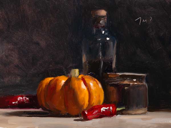 daily painting titled Pumpkin, chilies and balsmic vinegar