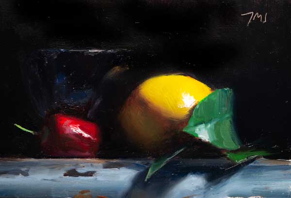 daily painting titled Lemon, chili and black bowl