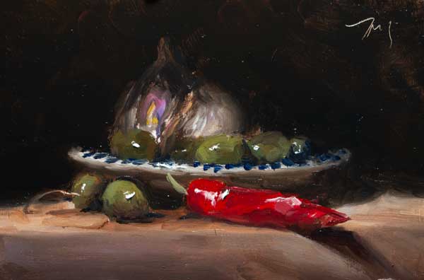 daily painting titled Chili, olives and garlic 