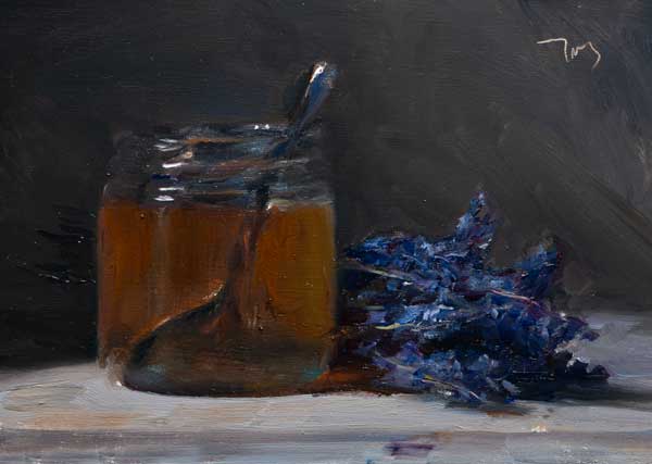 daily painting titled Lavender with lavender honey and spoon