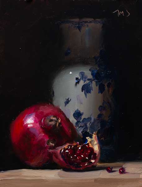 daily painting titled Pomegranates and Delft vase