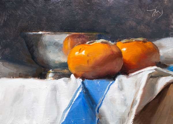 daily painting titled Persimmons and silver bowl