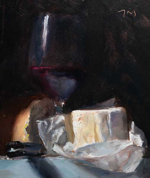 daily painting titled Red wine, bread and cheese with knife