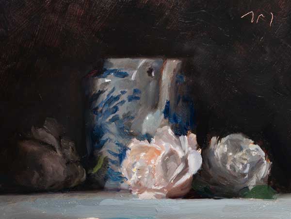daily painting titled November roses and Chinese teapot