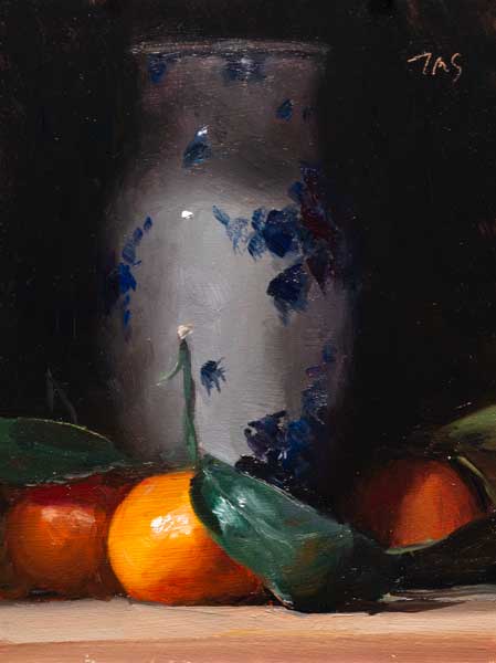 daily painting titled Clementines with Delft vase