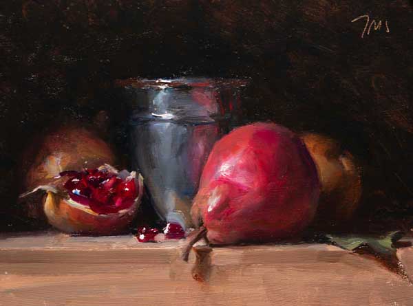 daily painting titled Pears, pomegranates and silver cup