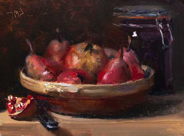 daily painting titled Still life with pears and pomegranates