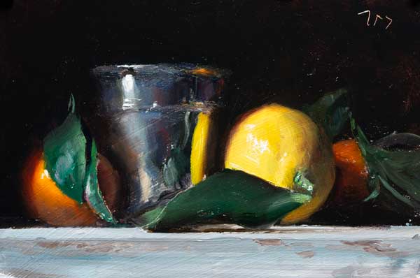 daily painting titled Clementines, lemons and silver cup