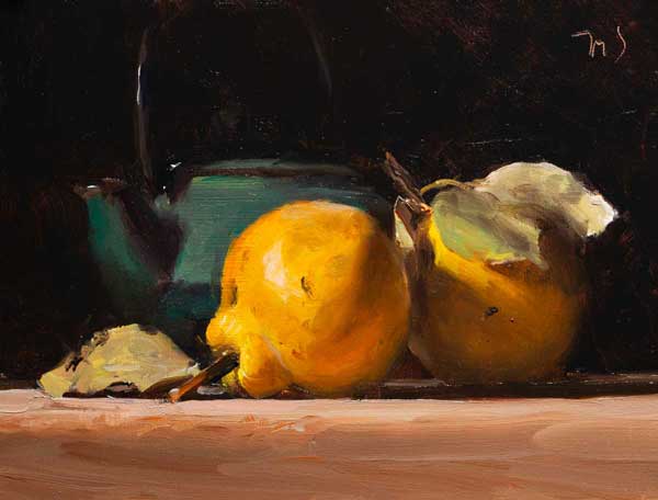 daily painting titled Quinces and Japanese teapot