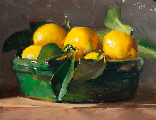 daily painting titled Lemons in a green bowl