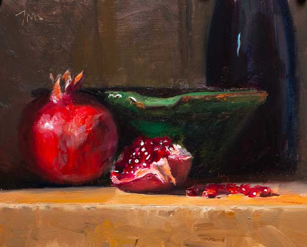 daily painting titled Pomegranates and green bowl