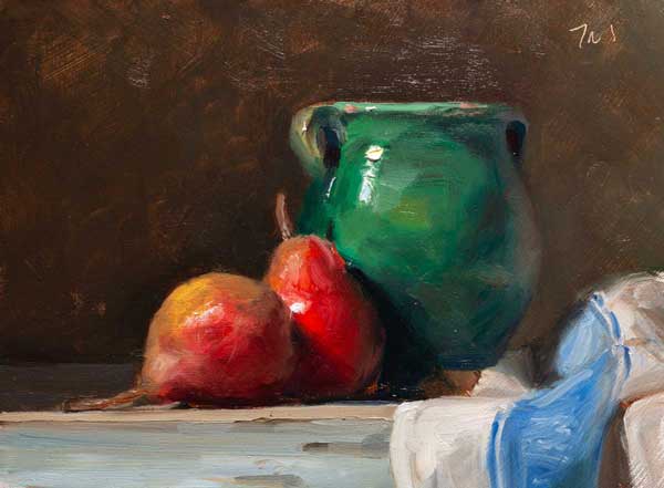 daily painting titled Pears and green pot