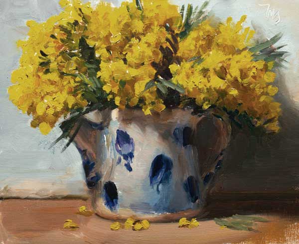 daily painting titled Mimosa in a teapot