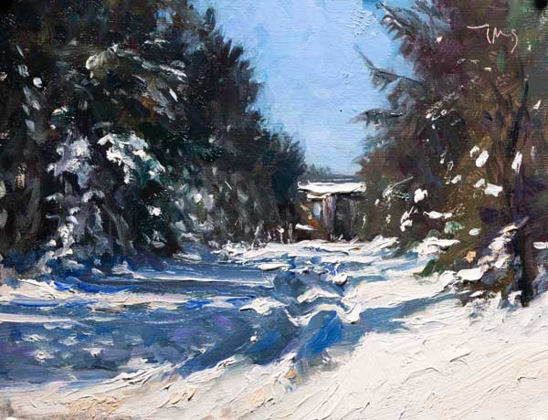daily painting titled Cabin in the snow