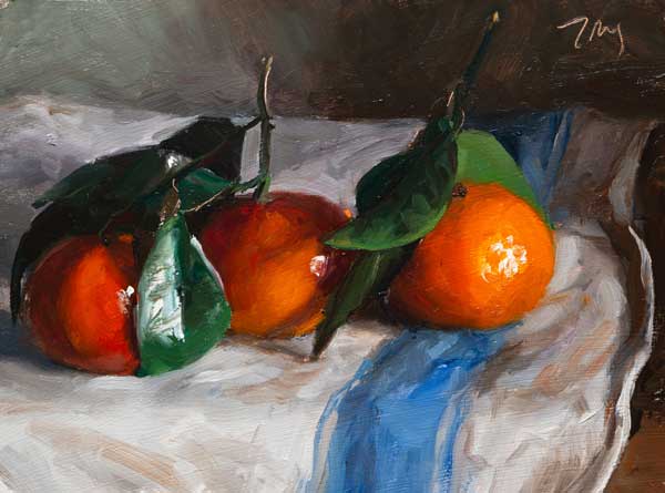 daily painting titled Mandarins on a French cloth