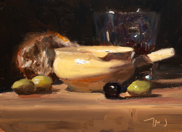 daily painting titled Bread, wine, olives and Provençal pot