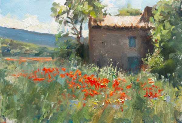 daily painting titled House and poppies