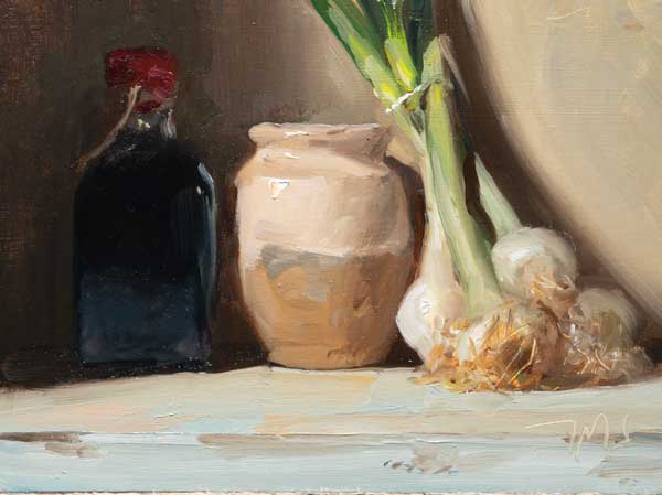 daily painting titled Still life with spring onions