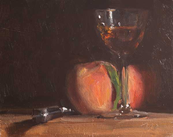 daily painting titled Still life with peaches, vin doux and knife