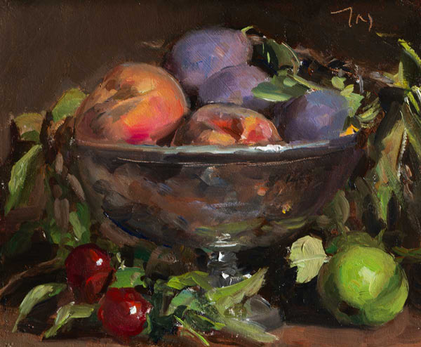 daily painting titled Summer fruits in a silver bowl