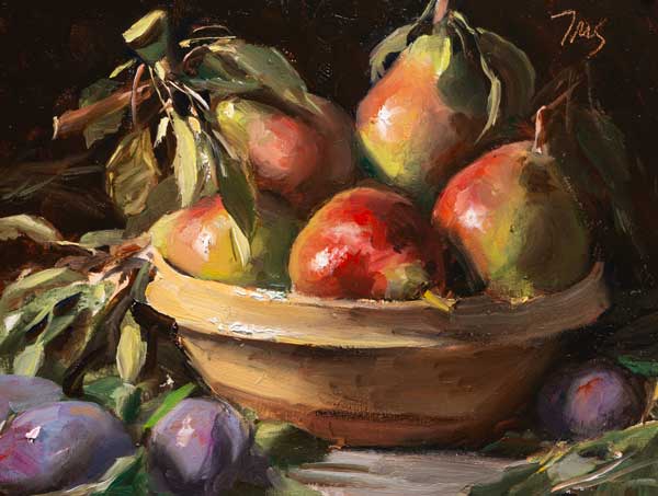 daily painting titled Hedgerow pears and plums