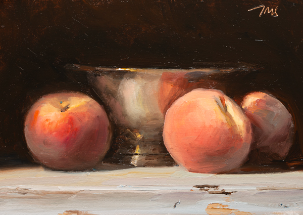 daily painting titled Still life with peaches and silver bowl