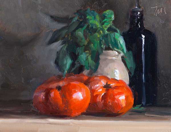 daily painting titled Tomatoes, olive oil and basil