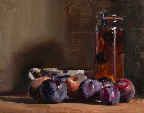 daily painting titled Still life with plums, peaches and preserving jar