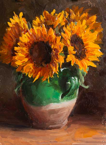 daily painting titled Sunflowers in a green confit pot