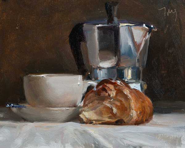 daily painting titled Coffee and croissant