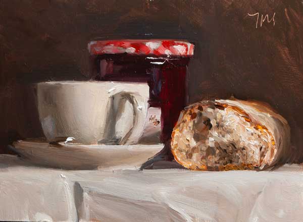 daily painting titled Coffee, bread and strawberry jam