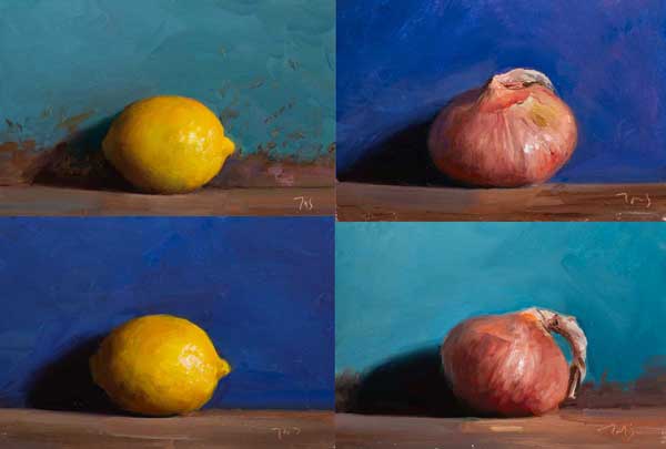 daily painting titled Lemons and onions |  Four paintings