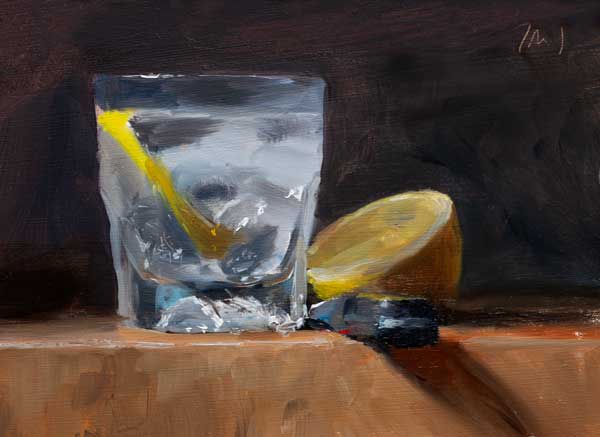 Daily painting of Gin and tonic with knife and lemon half