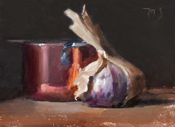 daily painting titled Head of garlic and copper pan