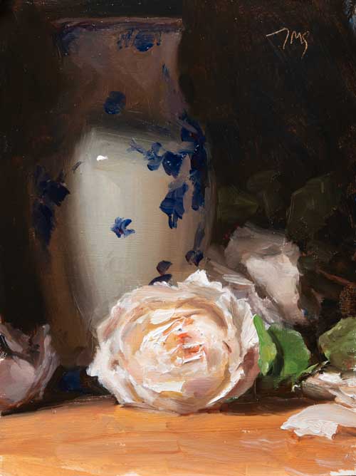 daily painting titled Roses and Delft vase