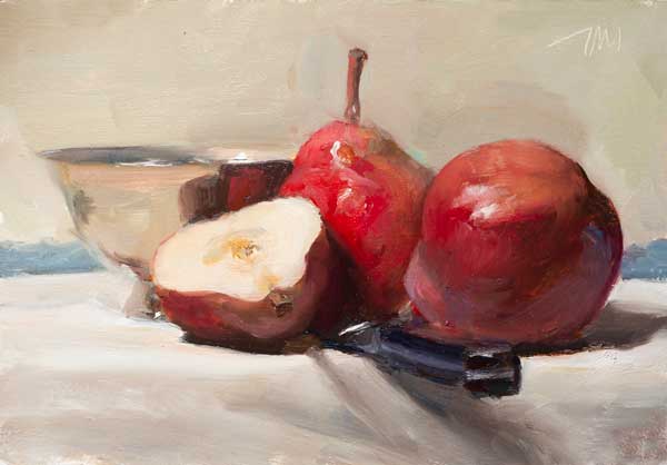 daily painting titled Pears, knife and silver bowl