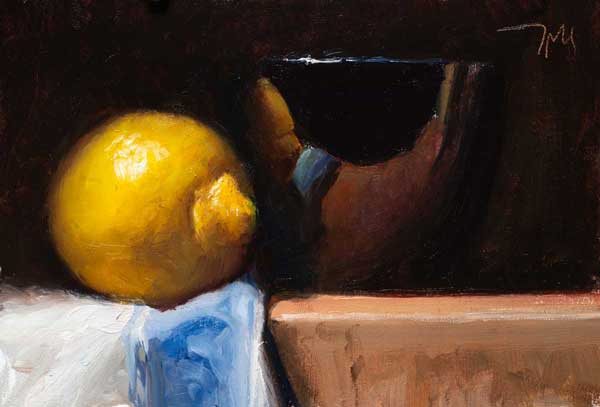 Daily painting of Lemon, cloth and black bowl