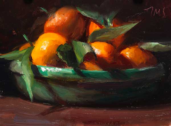 daily painting titled Clementines in a green bowl