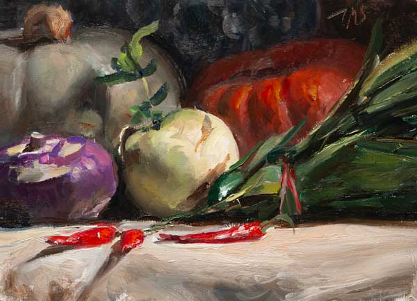 daily painting titled Still life with Kohlrabi, pumpkins and chilis