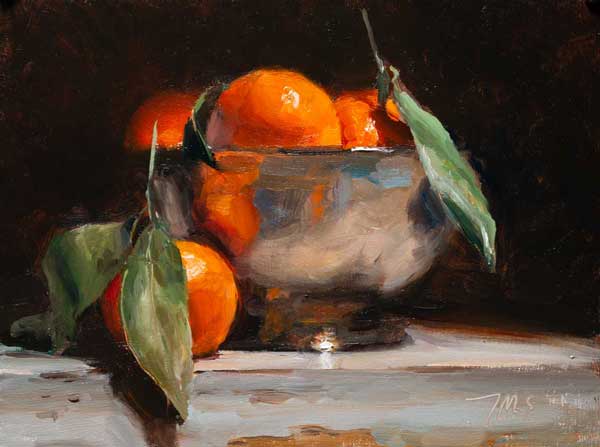 daily painting titled Clementines and silver bowl