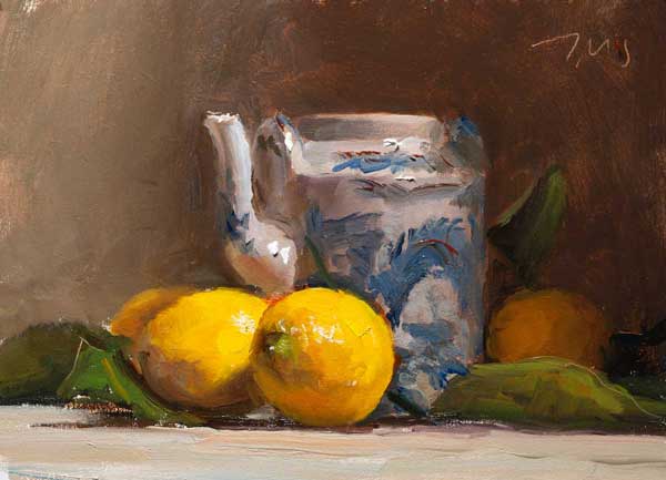 daily painting titled Lemons and Chinese teapot