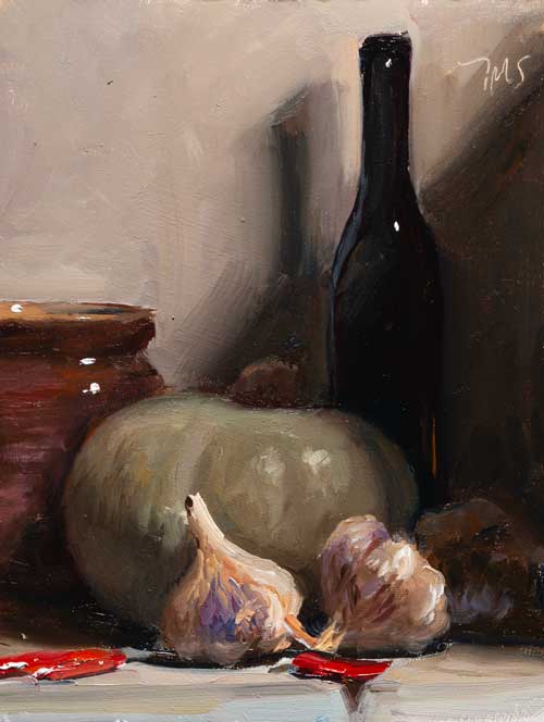 daily painting titled Still life with pumpkin, garlic and chilies