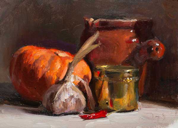 daily painting titled Still life with pumpkin, garlic and brass pot