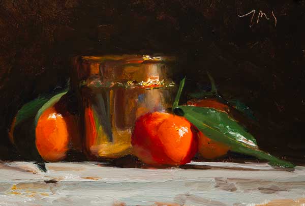 daily painting titled Clementines and brass pot